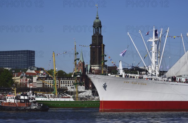 Europe, Germany, Hamburg, harbour, Cap San Diego, museum ship, cargo ship, tower of the Michel, Hamburg, Federal Republic of Germany, Europe