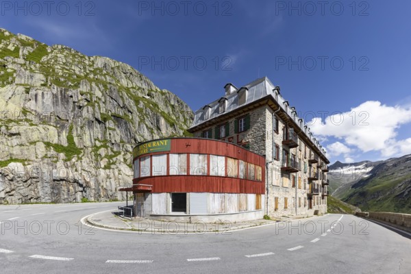 Hotel Belvédère on the Furka, the most famous pass hotel in the world. The building is closed and falling into disrepair. A lost place. Rhone Glacier. Obergoms, Canton Valais, Switzerland, Europe