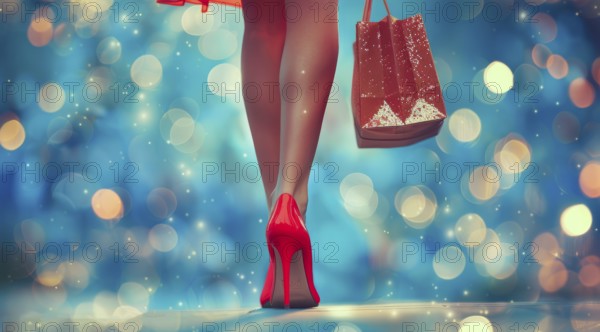 Attractive woman in red shoes holding a red bag. Concept of luxury lifestyle and expensive shopping, AI generated