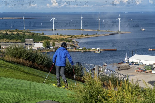 CopenHill, waste incineration plant and artificial ski slope, skiing with a view of the Øresund, 90 metres high and 400 metres long slope on artificial turf, Copenhagen, Denmark, Europe