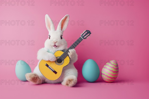 Funny white easter bunny playing a guitar surrounded by easter eggs on pink studio background. Generative AI, AI generated