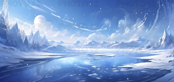 Abstract illustration of dreamy, icy landscape with swirling blues, whites, and silvers, evoking the feeling of a cold winter's breeze, AI generated