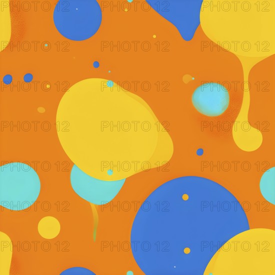 Abstract wallpaper with colorful turquoise and yellow blobs and liquid shapes on a orange background, AI generated