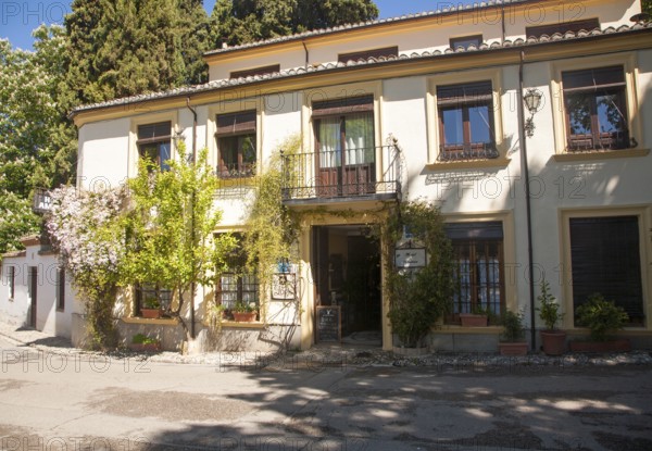 Historic frontage of Hotel America in the Alhambra complex, Granada, Spain, Europe