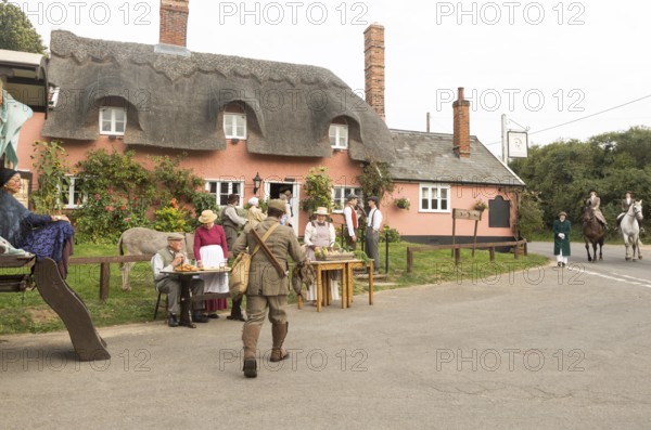 Filming a scene for Stanley's War film directed by Tim Curtis outside the Sorrel Horse pub, Shottisham, Suffolk, England, UK