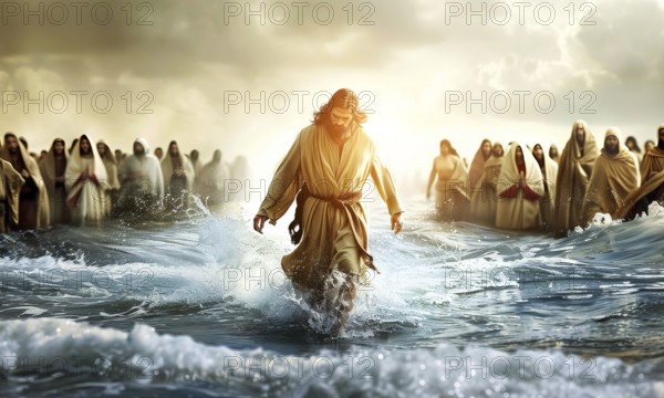 Moses leads the Exodus of the Israelites and jews out of Egypt and across the Red Sea, AI generated