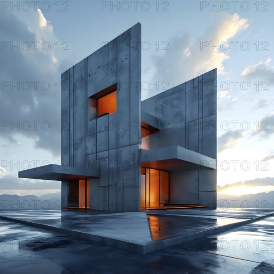 Minimalistic grey colored architecture in geometric adorned structures against a surreal backdrop, AI generated