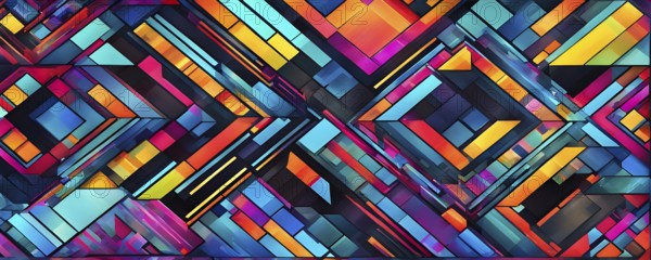 Abstract geometric patchwork illustration with vibrant intersecting geometric shapes filled with digital pattern, AI generated