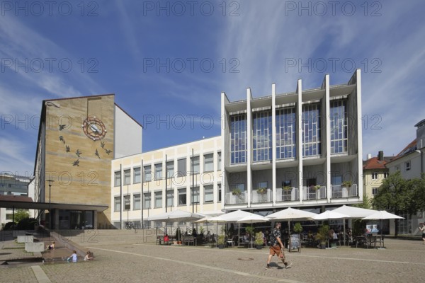 Modern town hall, street pub with people, Adenauerplatz, Friedrichshafen, Obersee, Lake Constance, Lake Constance area, Baden-Württemberg, Germany, Europe