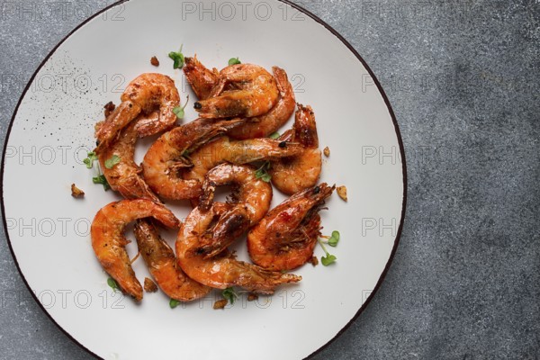 Fried tiger prawns, with spices, homemade, top view