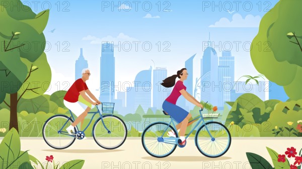 Vector cartoon illustration of an elderly couple cycling in a city park in summer, AI generated