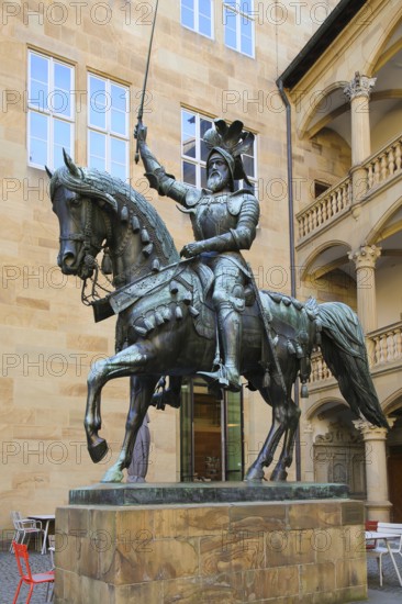 Equestrian statue of Count Eberhard im Bart, Eberhard I, Duke, bronze statue, art in public space, large sculpture, horse, sword, armour, Altes Schloss Stuttgart, former moated castle, princely residence, 14th century seat of the Counts of Württemberg, court chamber, today Renaissance castle, architect Aberlin Tretsch, Württemberg State Museum, historical building, architecture, castle courtyard, state capital, Stuttgart, Baden-Württemberg, Germany, Europe