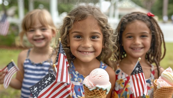 Cute children celebrating with friends and family outdoors with ice cream cones. generatvie AI, AI generated