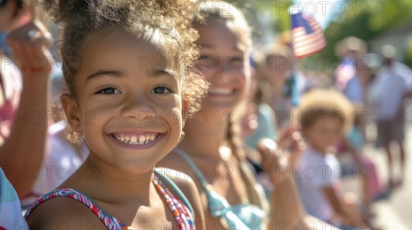 Cute african american girl celebrating the american holiday with friends and family at the parade. generatvie AI, AI generated