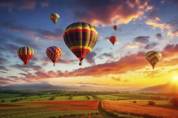 A colorful hot air balloons floats in sky over a blooming field meadow of flowers landscape at sunset with orange and blue skies in the background. Travel journey adventure beauty of nature concept, AI generated