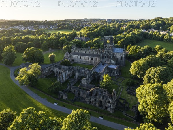 Kirkstall Abbey from a drone, Kirkstall, River Aire, Leeds, West Yorkshire, England, United Kingdom, Europe