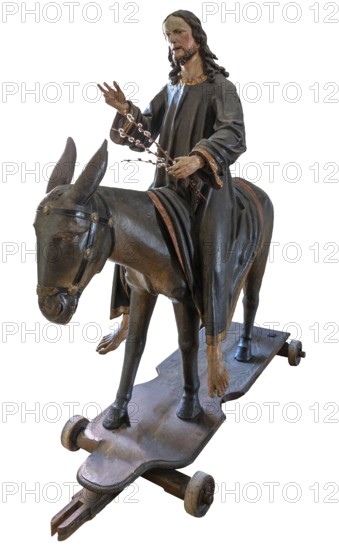 Christ on the palm donkey, on a white background, wooden figure around 1880, Dominican convent Wettenhausen, Swabia, Bavaria, Germany, Europe