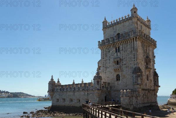 Historic tower with access bridge, blue sky in the background, Torre de Belém, World Heritage Site, Belem, Bethlehem, Lisbon, Lisboa, River Tagus, Portugal, Europe