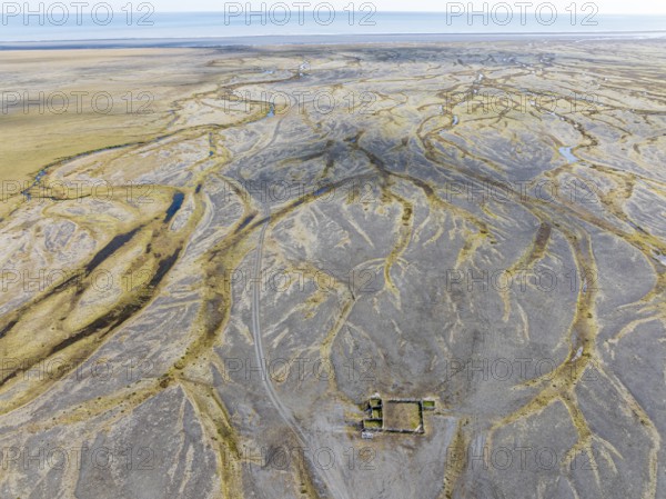 Sheep paddock on the glacial floodplains of the Vatnajökull glacier, aerial view, Iceland, Europe