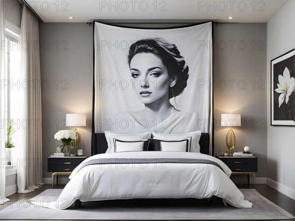 Empty modern bedroom with a large, plush bed covered in white linens, a single framed artwork on the wall, and natural light filtering through sheer curtains, AI generated