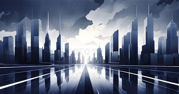 Modern city skyline using clean lines and geometric forms, with rectangular buildings and smooth, curved roads in a monochromatic color palette of grey, black, and white, AI generated