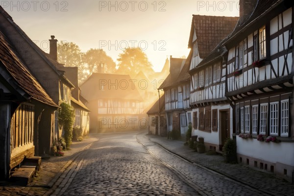 Early morning with light softly bathing an ancient village with rustic half timbered houses, AI generated