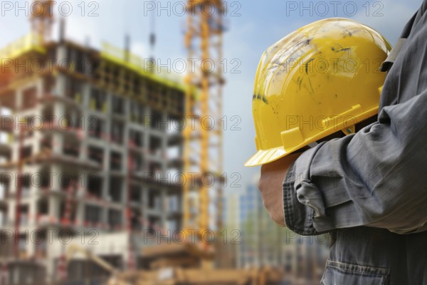 Construction worker holding yellow safety helmet with construction site with building in blurry backgroundClose up of construction worker holding yelow safety helmet with constrcution site with building in blurry background. KI generiert, generiert, AI generated