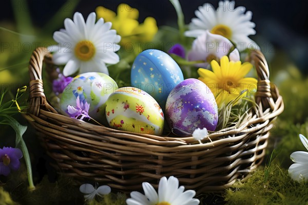 Vibrant-colored Easter eggs in a wicker basket, surrounded by delicate spring flowers, AI generated