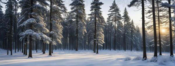 Peaceful snowy forest clearing at dawn with snow softly blanketing the ground and frost-covered pine trees, AI generated