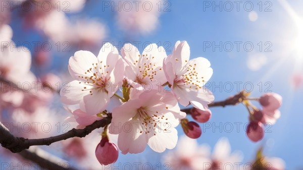 Blooming cherry blossoms with soft pink petals against a clear blue sky, with delicate sunlight filtering through, AI generated