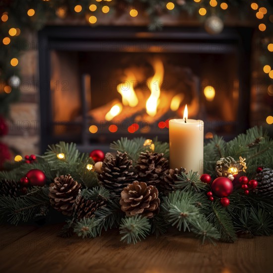 A cozy fireplace mantle decorated with pine cones, garlands, and lit candles, with a close-up focus on a burning candle flame, AI generated