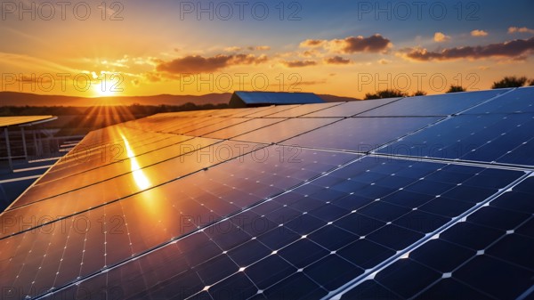 Close up of solar energy panels with sunset sun in background, AI generated