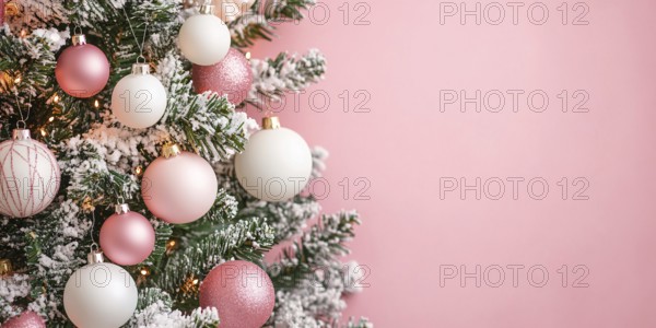 Frosted christmas tree with pink and white bauble ornaments on pink tree with copy space. Generative AI, AI generated