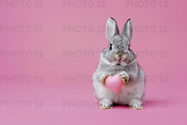 Cute bunny holding pink heart in front of pastel pink background with copy space. Generative Ai, AI generated