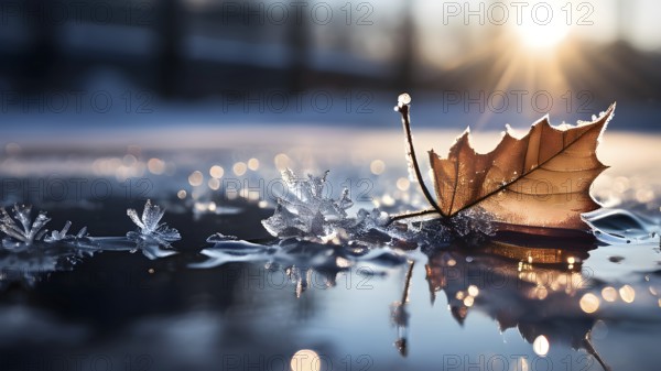 Delicate leaf resting on the surface of a frozen puddle, with intricate ice crystals forming beneath it, captured in soft, natural light, AI generated