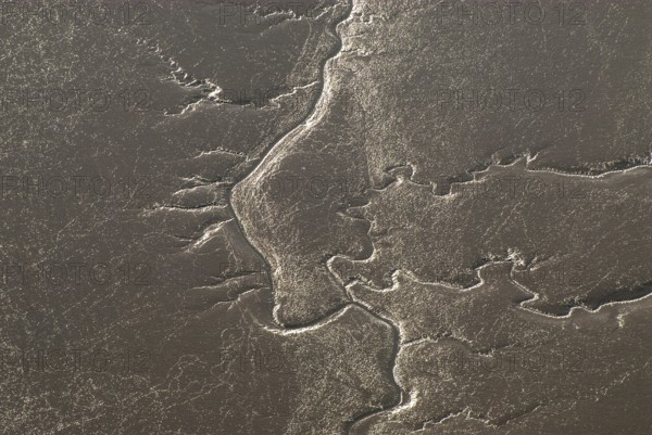 Mühlenberger Loch, brackish mudflats, tidal creek, Tiede, low tide, mudflats, aerial view, Hamburg