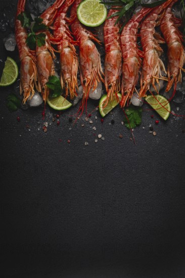 Langoustines, Australian, freshly frozen on ice, top view, lime and greens