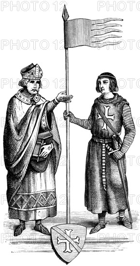 Henry of Metz receives the Oriflamme, a medieval imperial and war flag, from the hands of St Dionysus, crusader, cleric, flag, sword, historical illustration 1880