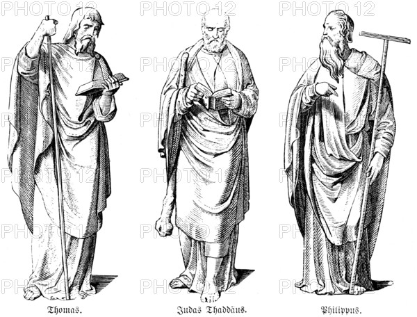 Portrait of the Apostles Thomas, Judas Thaddaeus, Philip, Bible, New Testament, Gospel of Luke, historical illustration 1880