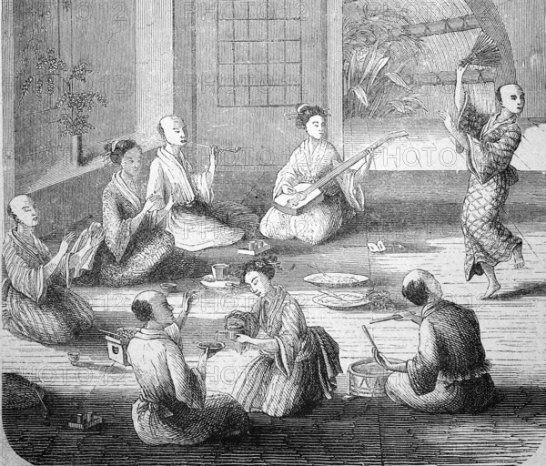 Japan in the late Middle Ages, Tea party with musicians and dancer, Illustration from 1870, Historical, digital reproduction of an original from the 19th century