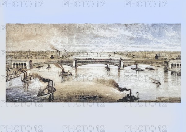 Large steel bridge over the Mississippi River in St Louis Missouri in the 1870s. From American Pictures Drawn With Pen And Pencil by Rev Samuel Manning c. 1880, United States, America, Historic, digitally restored reproduction from a 19th century original, Record date not stated, North America