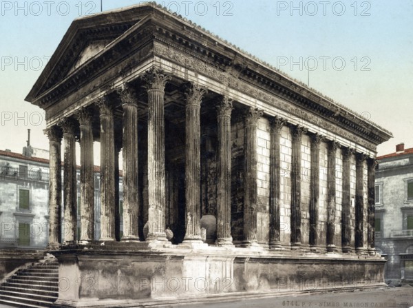 Maison Carree, Rectangular House, in Nimes, France, is one of the best preserved temples on the territory of the Roman Empire, around 1890, Historic, digitally restored reproduction from a 19th century model, Europe