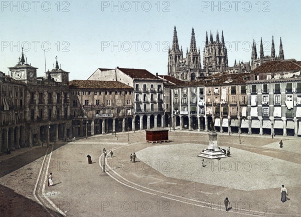 Burgos. Plaza Mayor, Spain, c. 1890, Historic, digitally restored reproduction from a 19th century original, Europe