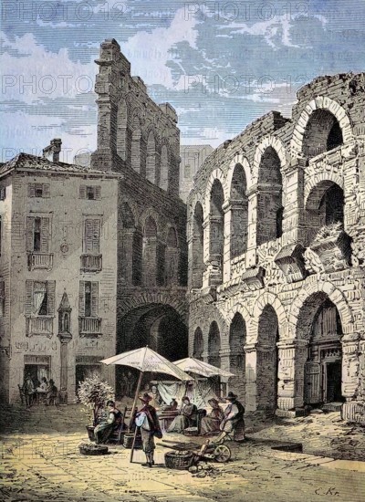 Merchant in the Arena in the centre of Verona, Italy, digital reproduction of an original 19th century model, original date unknown, Europe