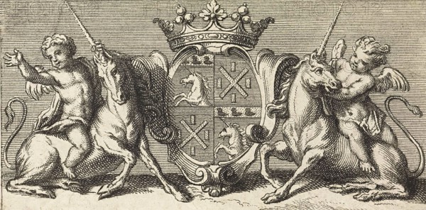 Crowned coat of arms flanked by unicorns, Paris, 1709, France, Historical, digitally restored reproduction from a 19th century original, Record date not stated, Europe