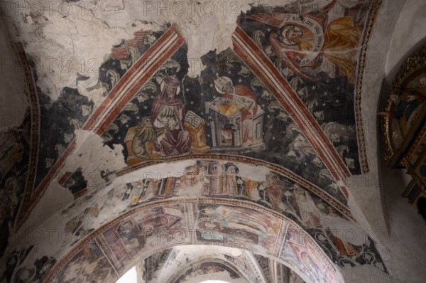 Interior, Romanesque frescoes, Old Parish Church of the Assumption of the Virgin Mary, Scena, South Tyrol, Autonomous Province of Bolzano, Italy, Europe