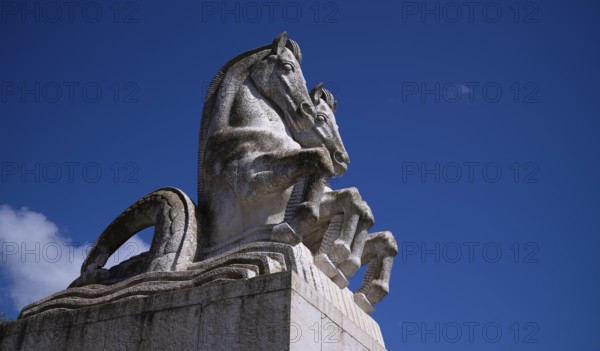 Statue of the Horses, horse sculpture, Imperial Square, Jardim da Praça do Império, Belém, Lisbon, Portugal, Europe