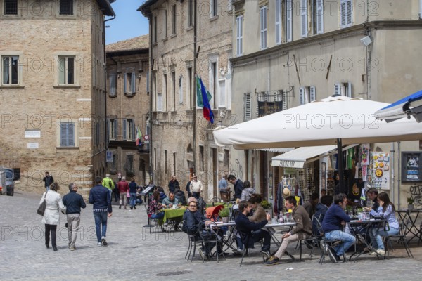 Street café on Piazza Pascoli square in Urbino, Marche, Italy, Europe