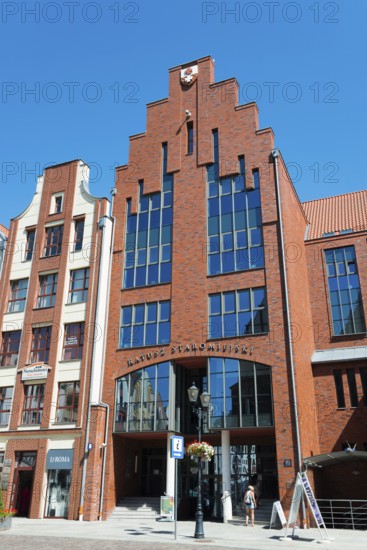 Modern brick building with large glass windows under a bright blue sky, Old Town Hall, Elblag, Elbing, Warminsko-Mazurskie Voivodeship, Warminsko-Mazurskie, Poland, Europe