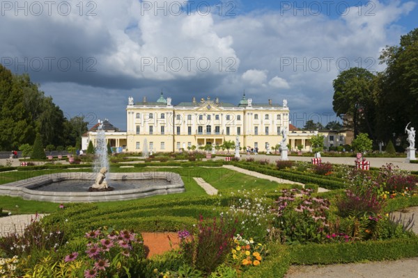 A magnificent baroque palace with manicured gardens and flowerbeds under a cloudy sky, Branicki Palace, Castle, Bialystok, Bialystock, Bjelostock, Podlaskie, Poland, Europe